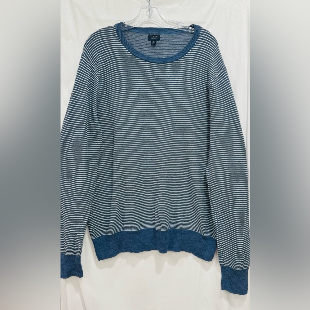 J. CREW BLUE-WHITE STRIPE PULLOVER SWEATER, RIB KNIT CREW NECK, CUFFS, HEM, SZ M